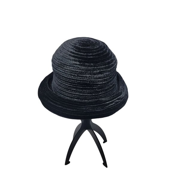 Retro 20s 30s Black Velvet Cloche Hat Ribbed Texture‎ Flexible Brim Elegant Chic - Picture 6 of 7